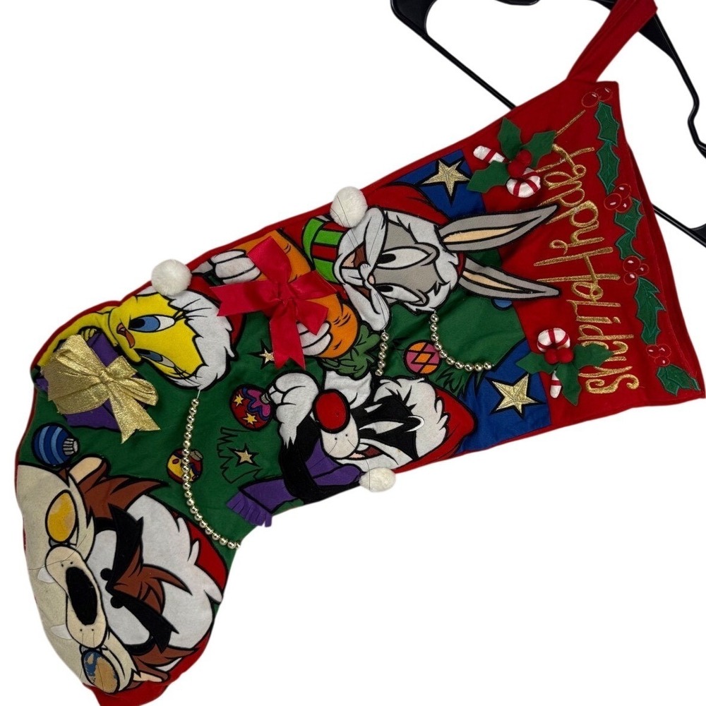 VTG Looney Tunes Xmas Stocking Happy Holidays Bugs Bunny Taz Tweety Sylvester